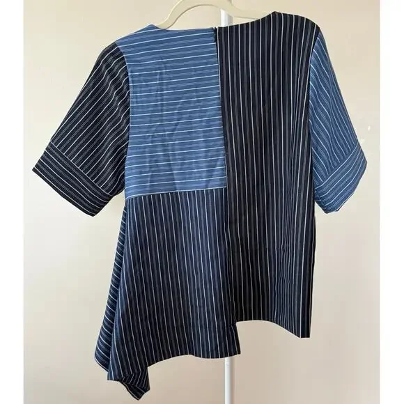 Gracia Three Tone Blue Jean Stripe Asymmetrical Top Architectural Chic - M - Picture 2 of 4